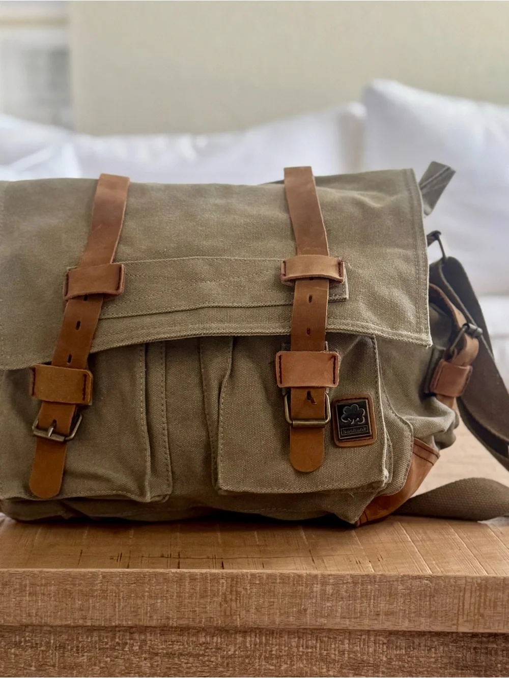 New Canvas Messenger Bag with Leather Straps - Olive army green khaki unisex